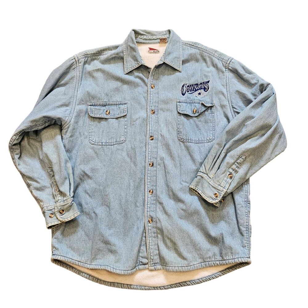 Vtg Dallas Cowboys Denim Shirt Jacket Mens Size M Fleece Lined Pro Elite NFL